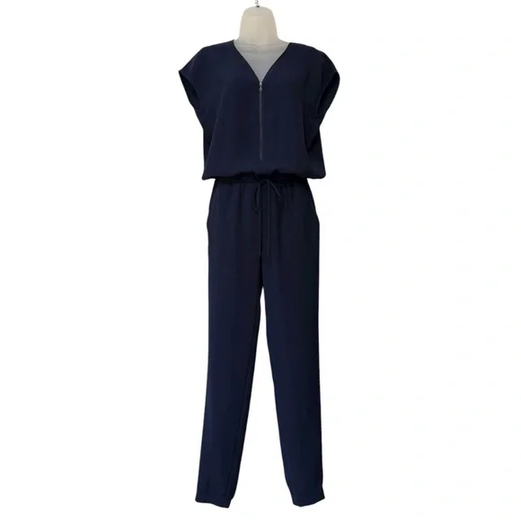 VINCE | $398 Crepe Zip-Front Cap Sleeve Jumpsuit in Navy, Size 2 - Picture 3 of 12